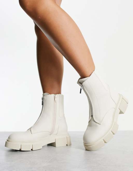 New Look flat chunky zip front boot in off white | ASOS