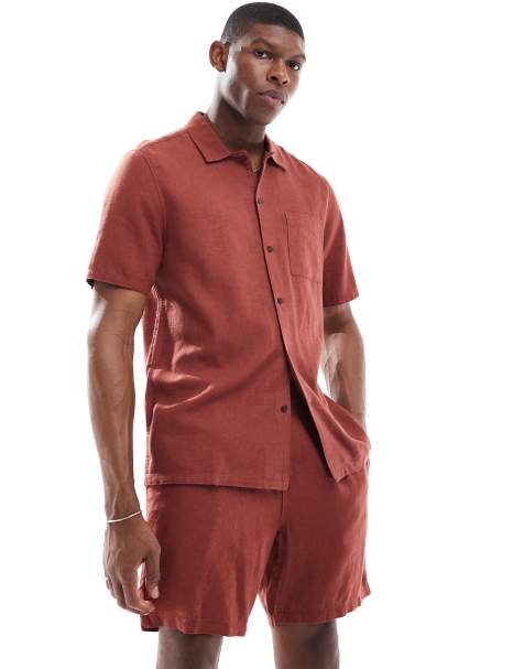 New Look flat collar linen-blend shirt in rust (part of a set) - view 1