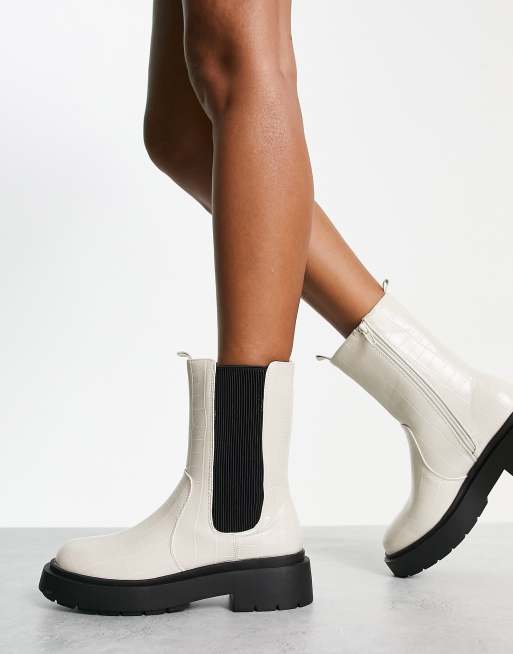 New Look flat high ankle chelsea boot in off white ASOS