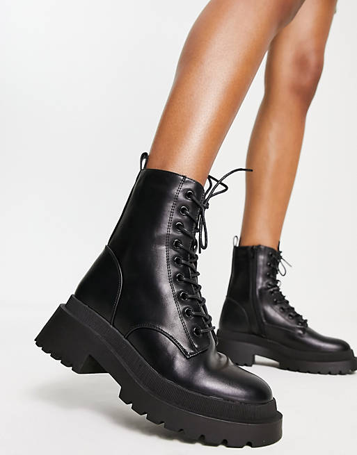 New Look flat high ankle lace up boot in black | ASOS