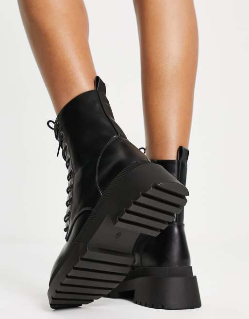 New Look flat high ankle lace up boots in black