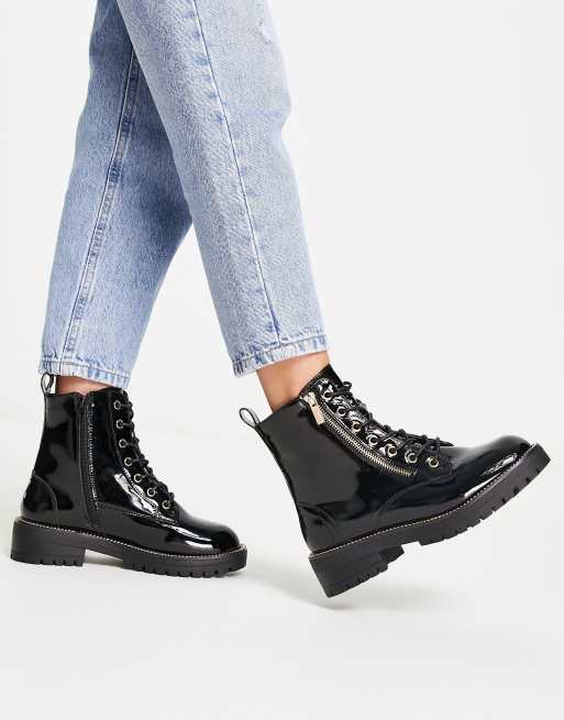 New Look flat lace up boot in black patent