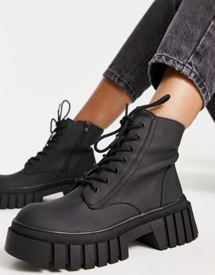 New Look flat lace up cleated sole boot in black