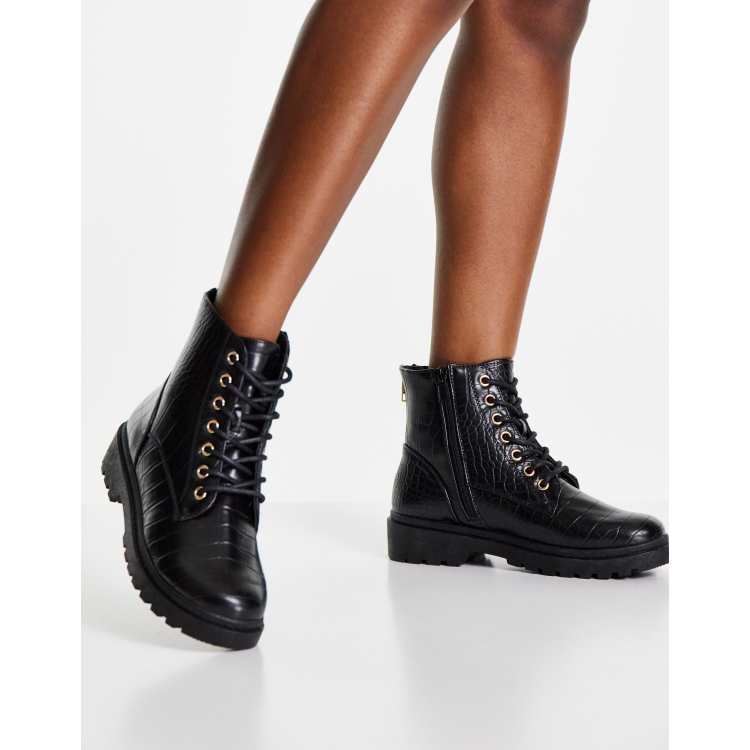 buster black crocodile lace up boots