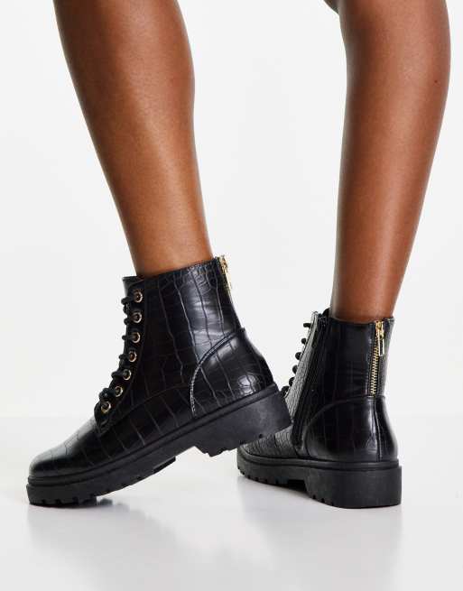 New Look flat zip detail lace up boot black croc | ASOS