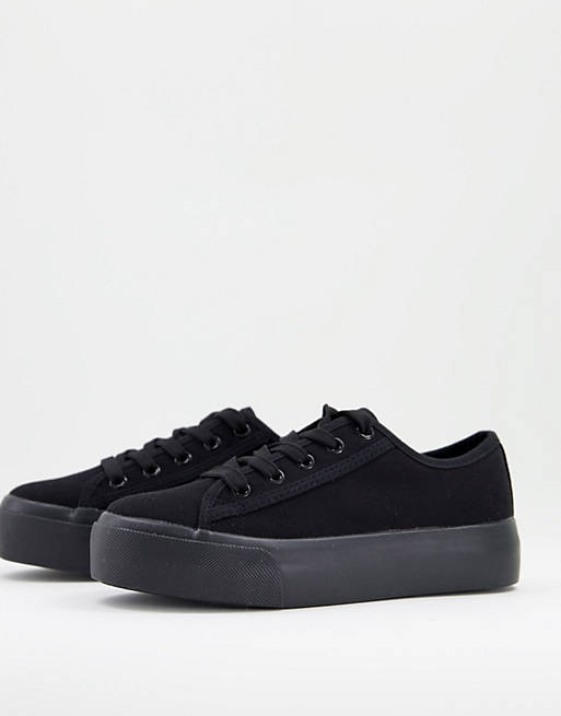 New Look flatform canvas lace up trainer in black