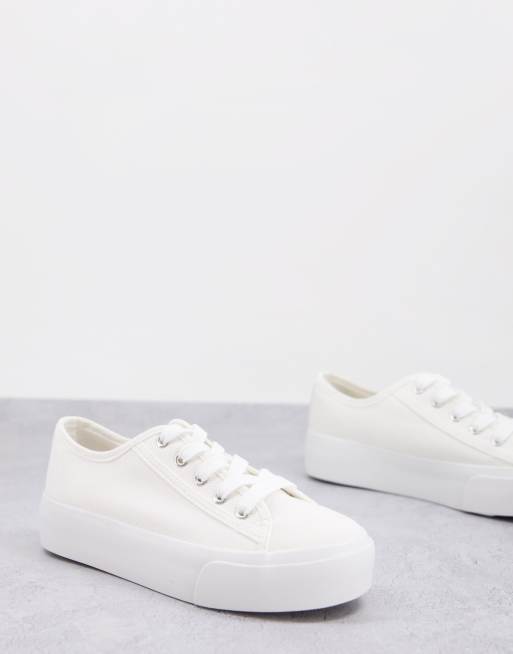 White canvas lace up cheap flatform trainers