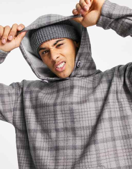 New Look fleece hoodie with check print In grey, 3 of 4