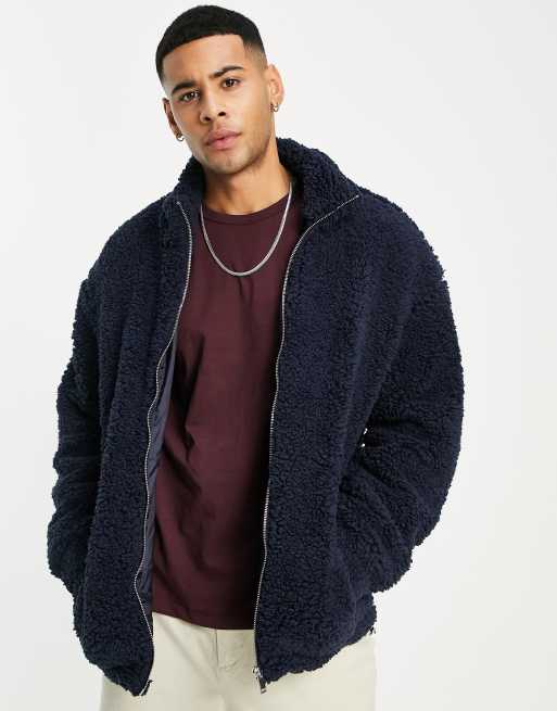 New Look – Fleece-Jacke aus Teddyfell in Marineblau mit Reißverschluss