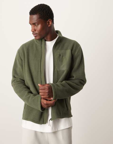New Look – Fleece-Jacke in dunklem Khaki - view 1