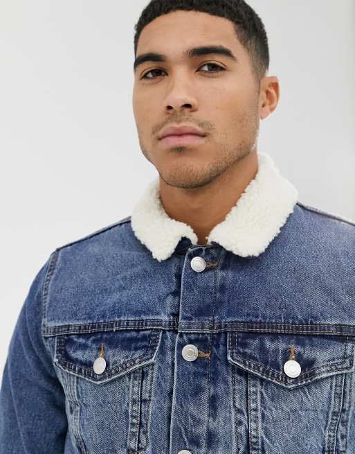 ASOS Denim Jacket With Patches & Fleece Collar In Blue Wash