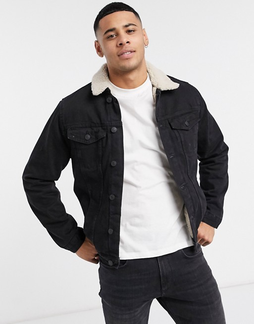 New Look fleece lined denim jacket in washed black | ASOS