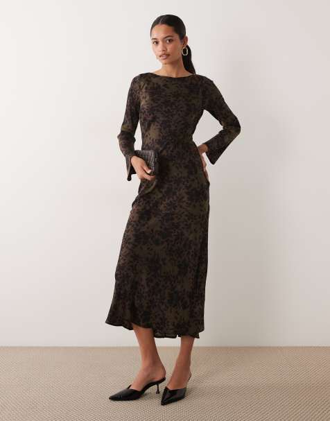 New Look flocked long sleeve midi dress in black - view 1