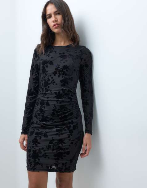 New Look flocked long sleeved mini dress in black - view 1