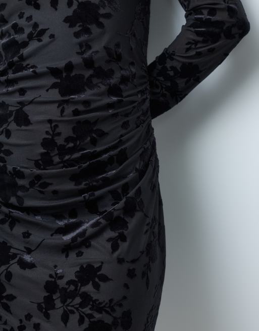 New Look flocked long sleeved mini dress in black, 3 of 4