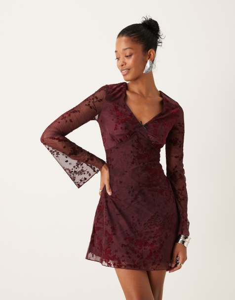 New Look flocked mesh floral mini dress in burgundy - view 1