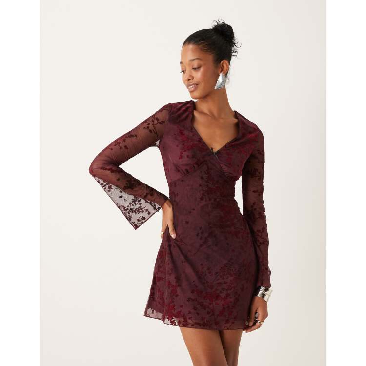 chinese dress ladies Sevila Long Sleeve Mini Dress Lace Burgundy