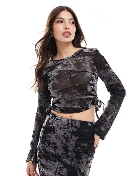 New Look flocked mesh long sleeve top in black pattern - view 1