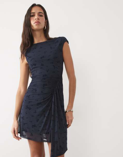 New Look flocked mesh ruche detail mini dress in navy