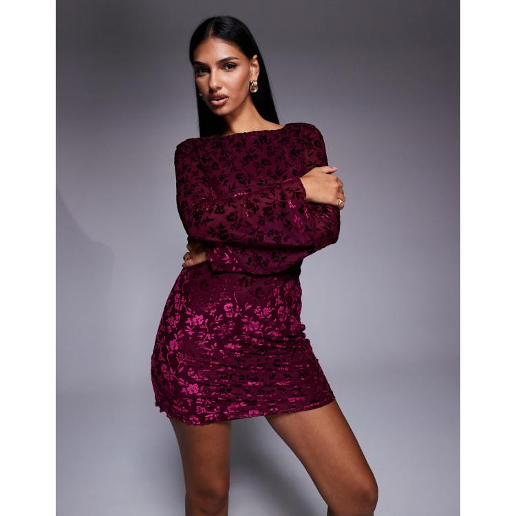 New Look flocked mini dress in burgundy | ASOS