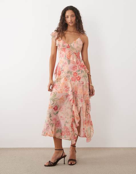 New Look floral asymmetric chiffon midi dress in pink - view 1