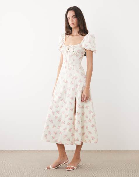 New Look floral bouquet milkmaid midi dress in white - view 1