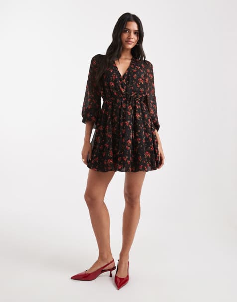 New Look floral chiffon puff ball mini dress in black - view 1