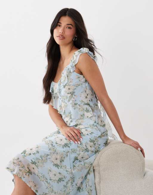 New Look floral chiffon ruffle midi dress in blue, 2 of 4