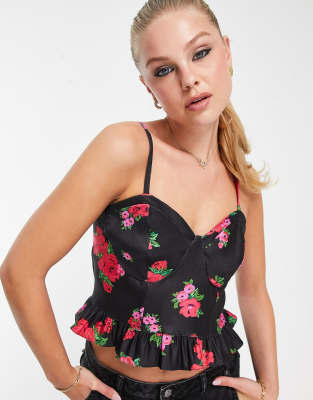 New Look Floral Corset Detail Crop Top In Black