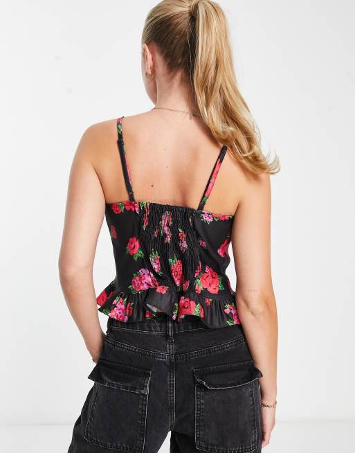 New Look floral corset detail crop top in black