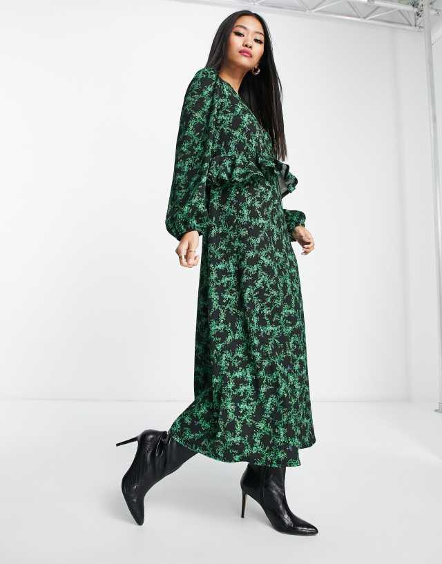 New Look - floral crinkle midi dress with ruffle detail in green