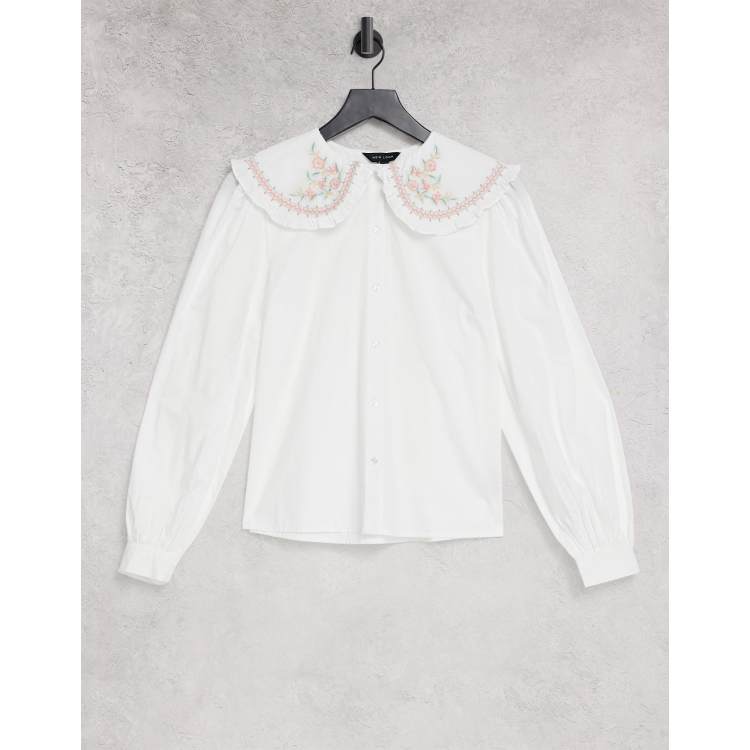 New Look floral embroidered collar shirt in white