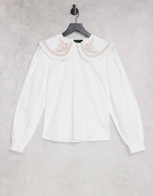 New Look floral embroidered collar shirt in white | ASOS