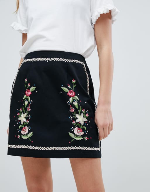 Black floral outlet embroidered mini skirt