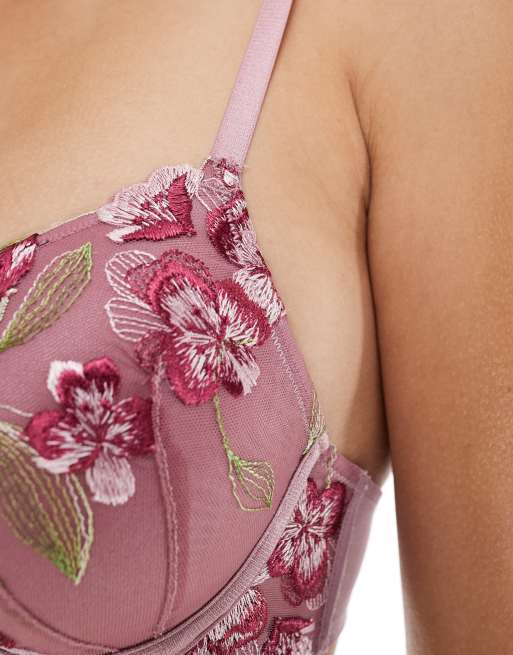 New Look floral embroidered t-shirt bra in pink, 2 of 4