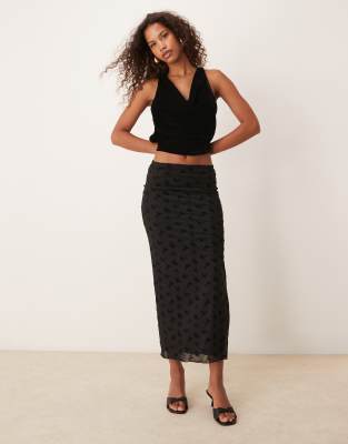 New Look floral flocked mesh midi in black