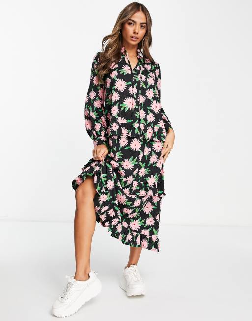 New Look floral frill collar long sleeve midi dress in green pattern | ASOS