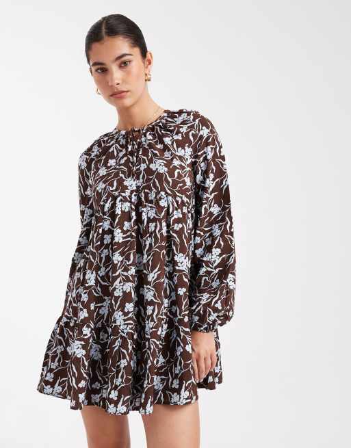 New Look floral long sleeve smock mini dress in brown , 2 of 4