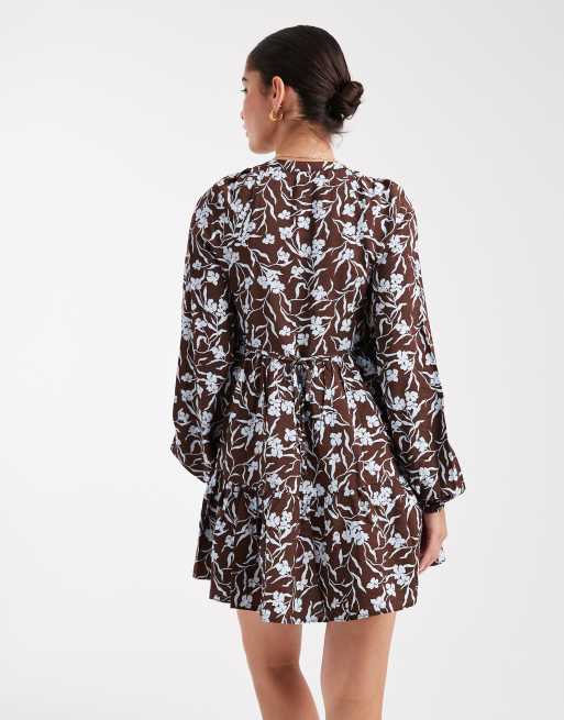 New Look floral long sleeve smock mini dress in brown , 4 of 4