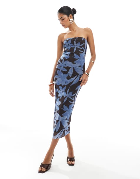 New Look floral mesh bandeau maxi dress in blue and brown - view 1