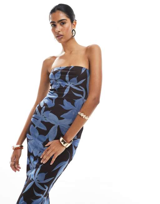 New Look floral mesh bandeau maxi dress in blue and brown