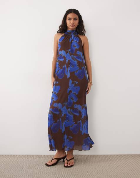New Look floral mesh halter neck midaxi dress in brown