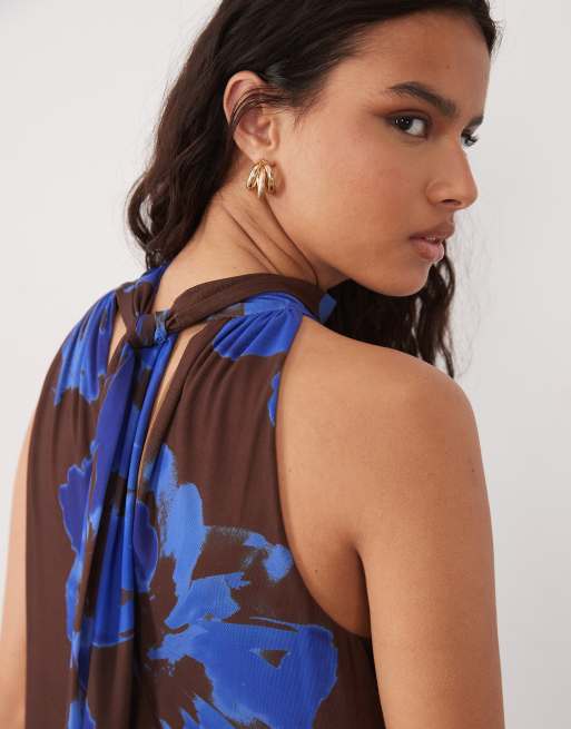 New Look floral mesh halter neck midaxi dress in brown, 3 of 4
