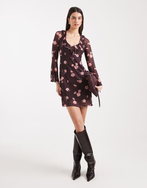 New Look floral mesh long sleeve mini dress in burgundy - view 1