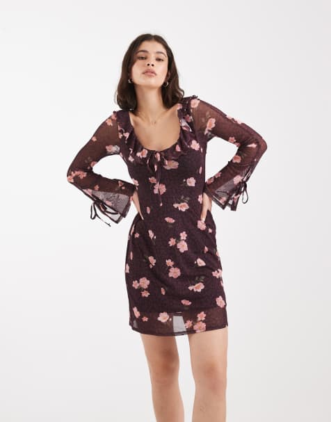 New Look floral mesh long sleeve mini dress in red - view 1
