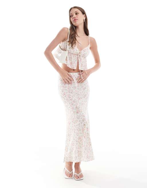 New Look floral midi skirt in cream