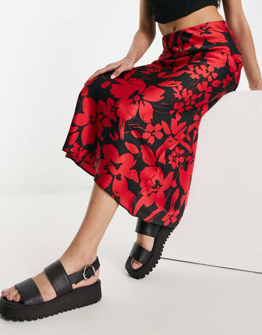 Black midi skirt shop with red flowers