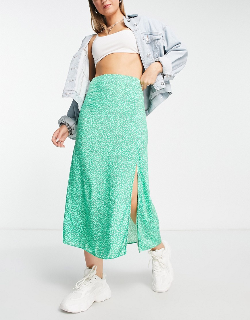 New Look floral midi skirt with side split in green