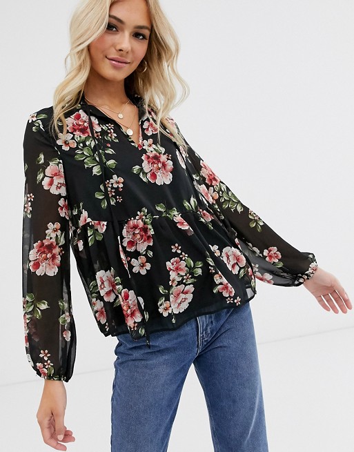New Look floral print blouse in black
