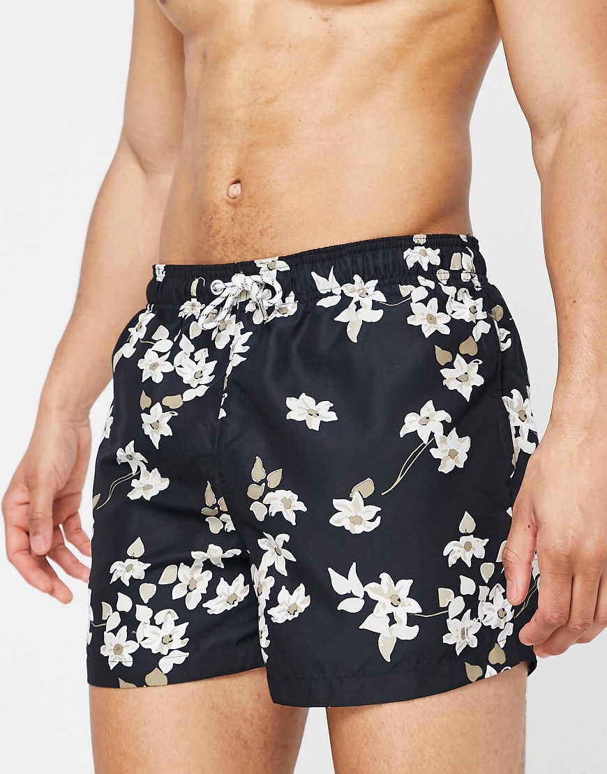 New Look floral print shorter length swim shorts in black